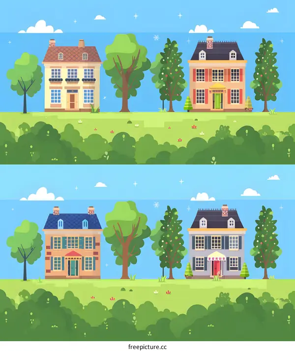 Two Row Of Houses With Green Trees and Blue Sky