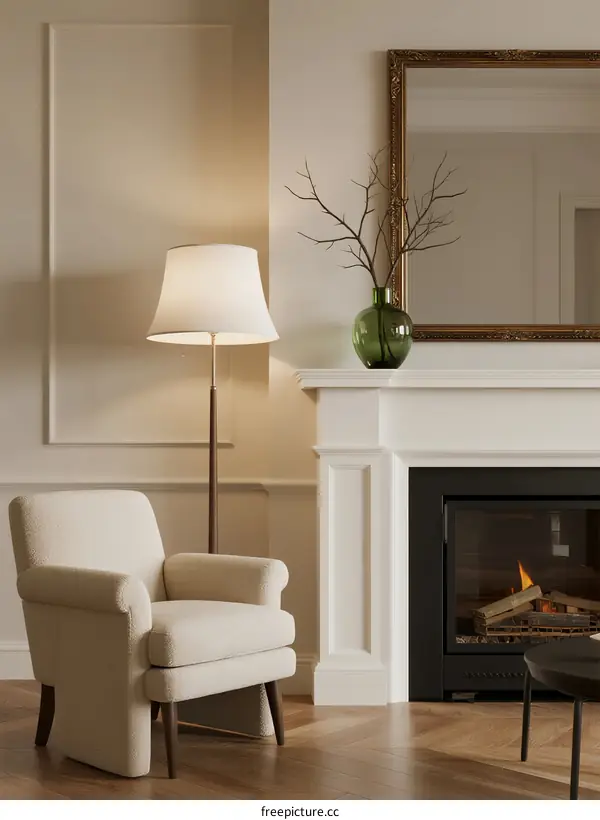 Cozy modern living room with fireplace and armchair