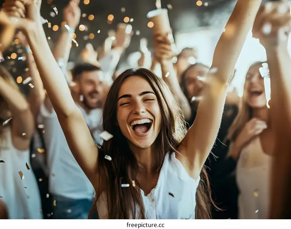 Happy Woman Celebrating With Confetti and Friends