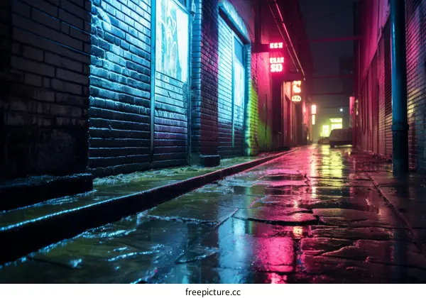 A dark and wet city alleyway at night with colorful neon lights reflecting off the wet pavement
