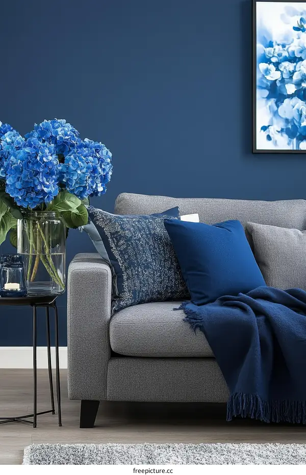 Cozy Gray Sofa with Blue Accents in a Modern Living Room