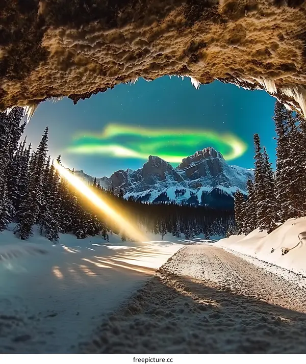 Aurora Borealis Through Ice Cave