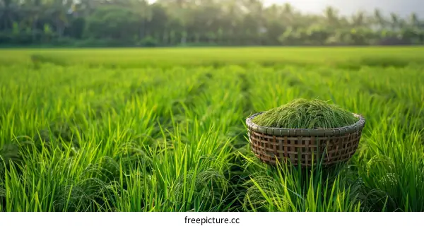 Abundant Rice Harvest in a Lush Green Paddy Field