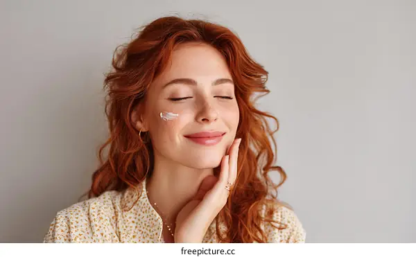 Woman with Relaxing Expression Applying Facial Cream