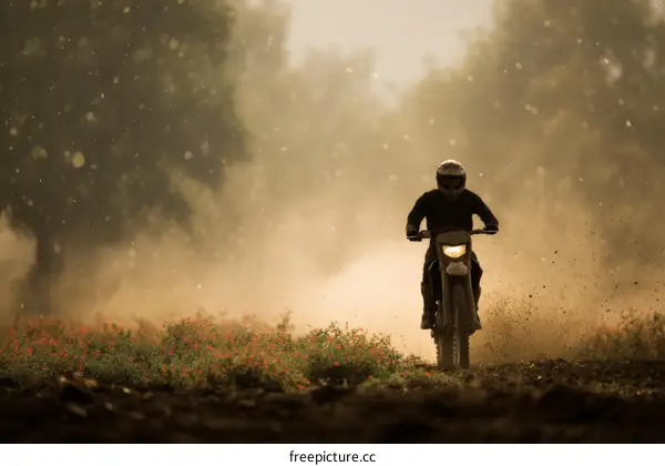Motorcycle Rider on a Dusty Trail in a Misty Forest