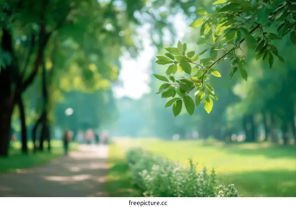 Blurred Park Scene with Lush Green Leaves