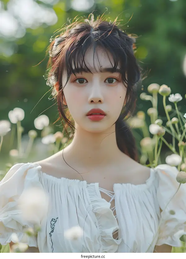 Beautiful Asian Woman with White Dress Posing in a Flower Field