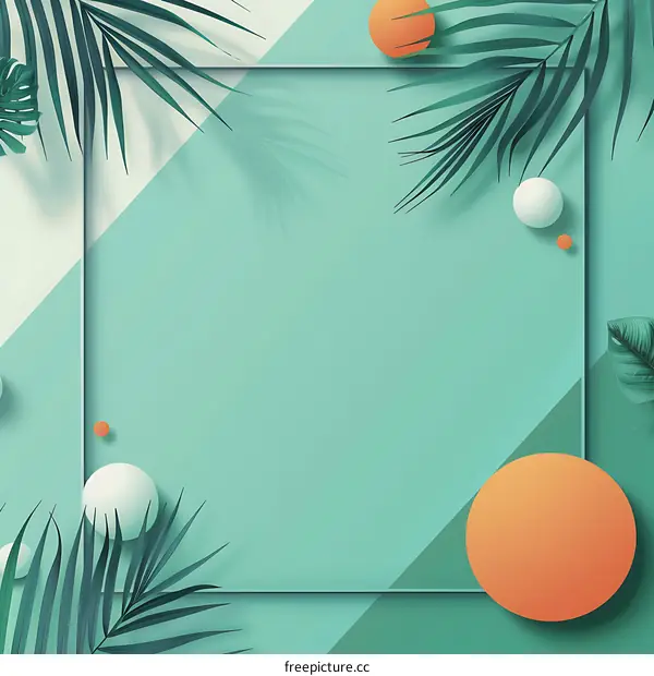 Abstract Green Summer Background with Palm Leaves and Geometric Shapes