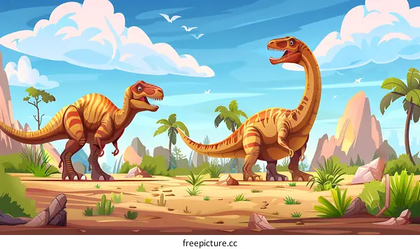 Two Dinosaurs in a Prehistoric Landscape