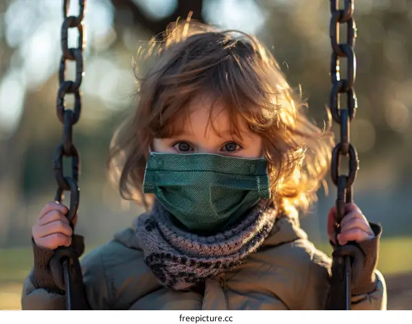 Little girl wearing a mask on a swing