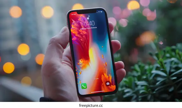 Hand Holding Smartphone with Abstract Wallpaper