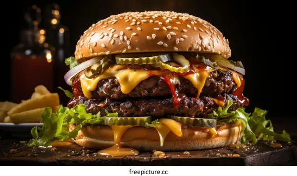 A delicious double cheeseburger with pickles, onions, and lettuce