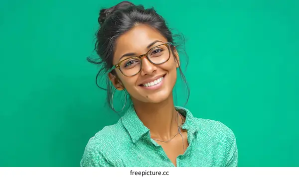 Smiling Woman with Glasses against a Green Background