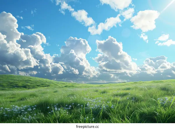Beautiful Landscape With Fluffy Clouds And Green Grass