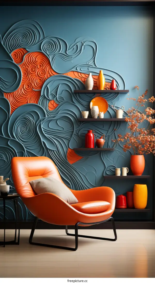 Orange and blue living room with a modern chair and shelves