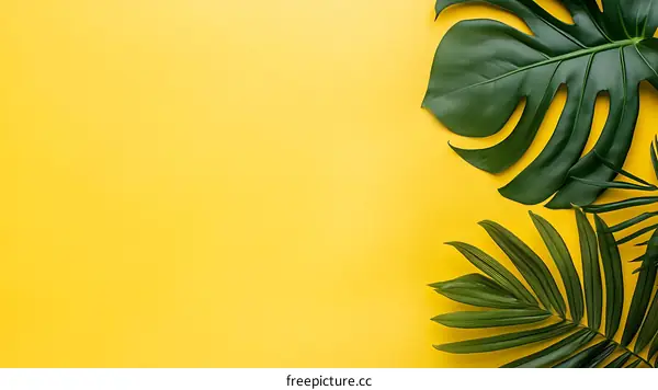 Green Tropical Leaves On Yellow Background