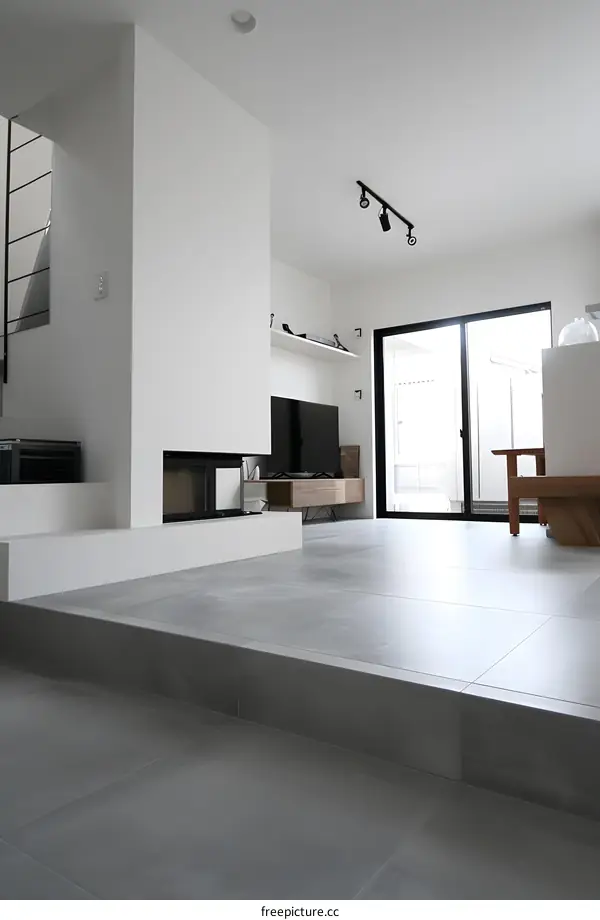 Modern Living Room with Fireplace and Tile Floor