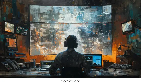 Man in front of multiple computer screens looking at a large screen