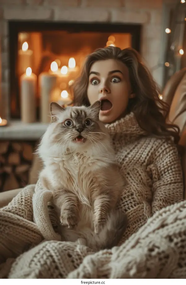 A surprised woman and a cat with their mouths open