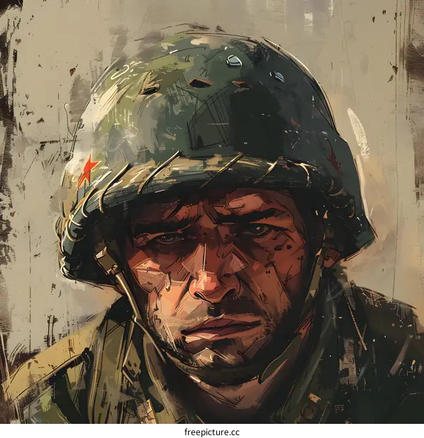 Portrait of a soldier wearing a green helmet