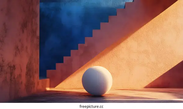 Abstract Minimalist Staircase and Sphere in a Room with Warm Tones
