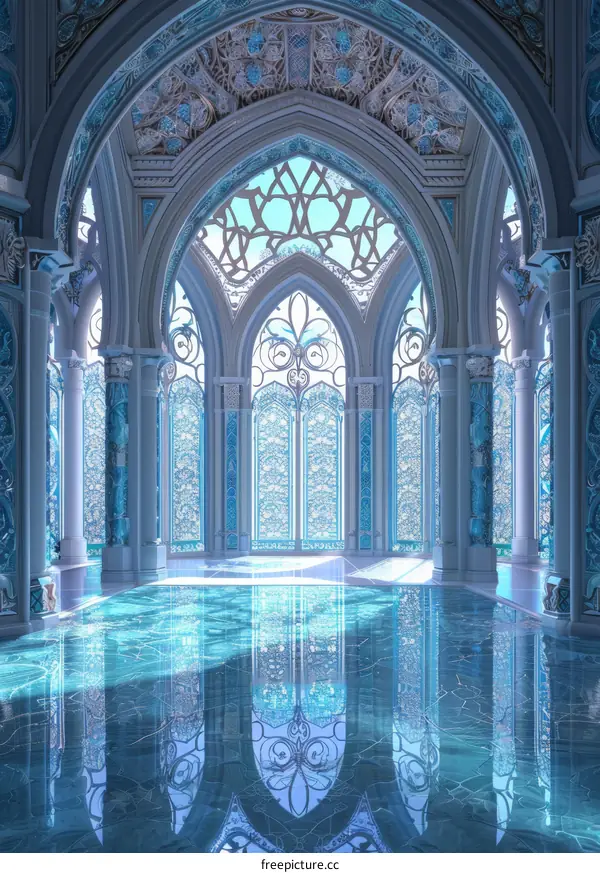Ornate Blue Fantasy Palace with Marble Flooring