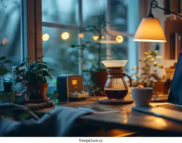 Cozy Home Office with a Nighttime City View