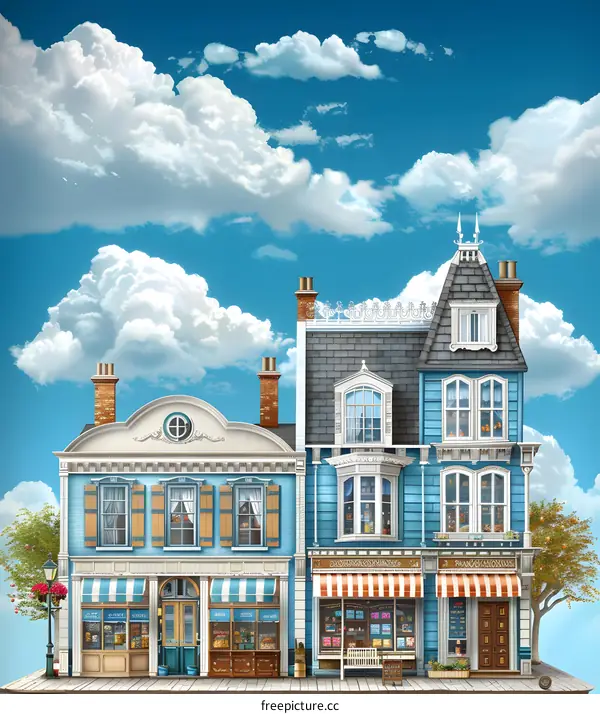 Blue Storefronts in Vintage Style with Red Brick Chimneys