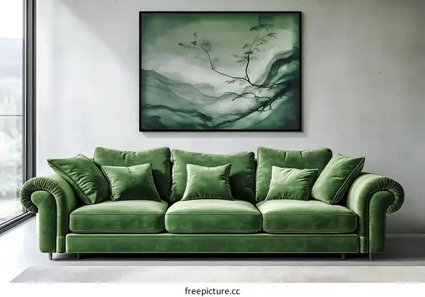 Modern Green Velvet Sofa with Abstract Painting