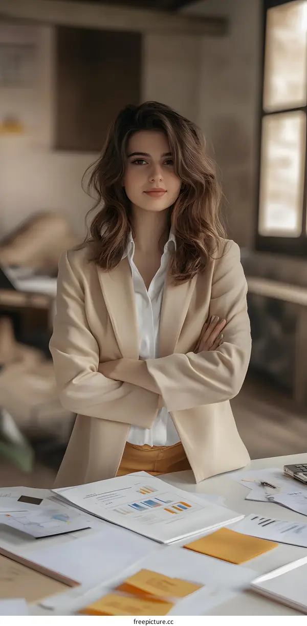 Portrait of a Young Woman in Business Attire Standing at a Desk with Documents