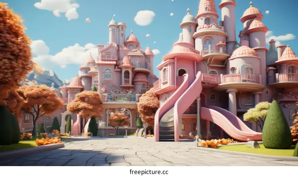 A pink palace with a playground in front of it