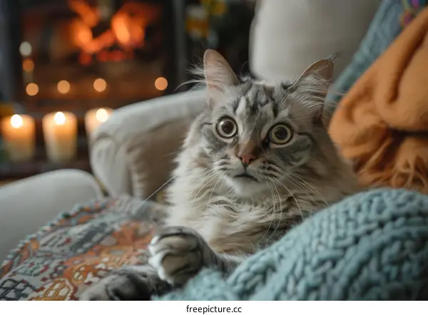 A cute cat is sitting on a couch and looking at the camera with wide eyes.