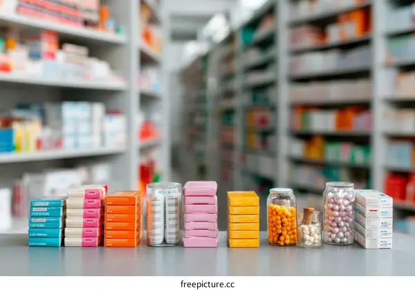Pharmacy Shelf with Assorted Medications and Packages