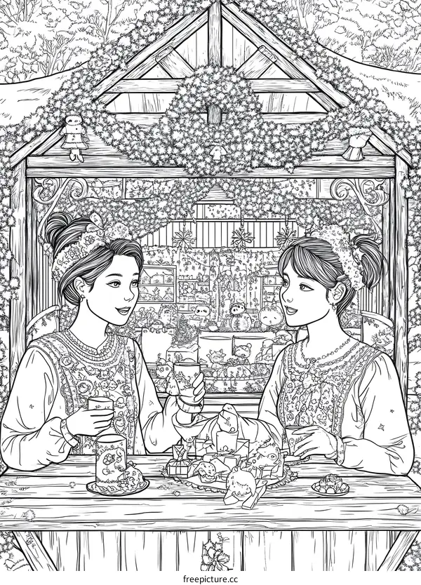 Two Girls Sitting at a Table with Drinks and Gifts in a Festive Winter Scene