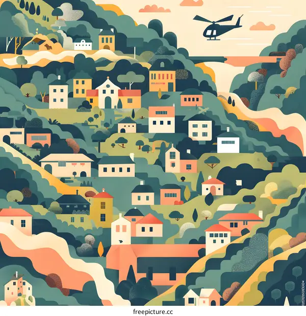 Illustrated Landscape of a Small Village with a Helicopter Flying Overhead