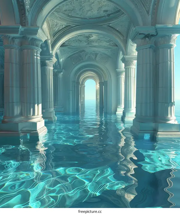Surreal Flooded Hallway with Ornate Columns