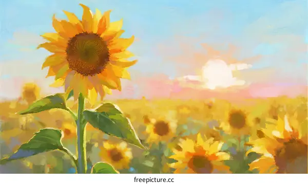 Vibrant Sunflowers in Full Bloom Under Golden Sunset Sky