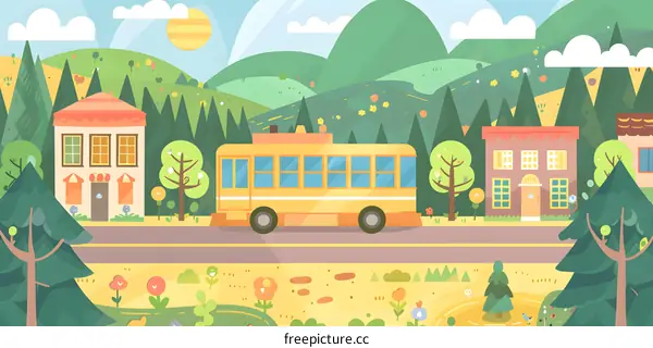 Yellow School Bus Driving Through The Countryside