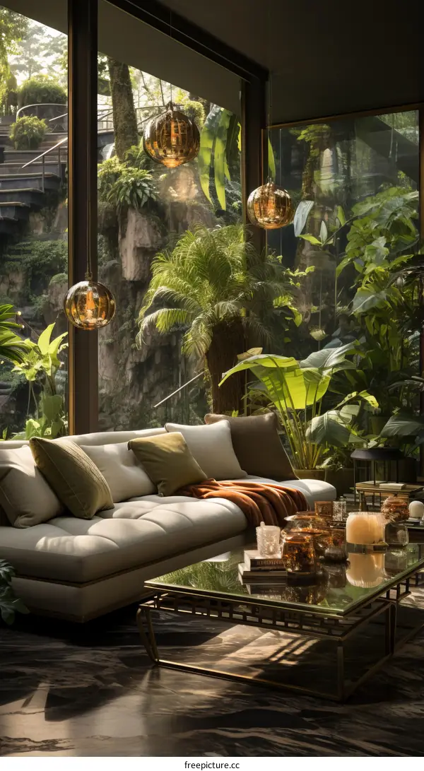 Modern living room interior with green plants and large windows