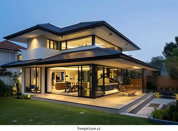 Modern House with Large Windows and Patio