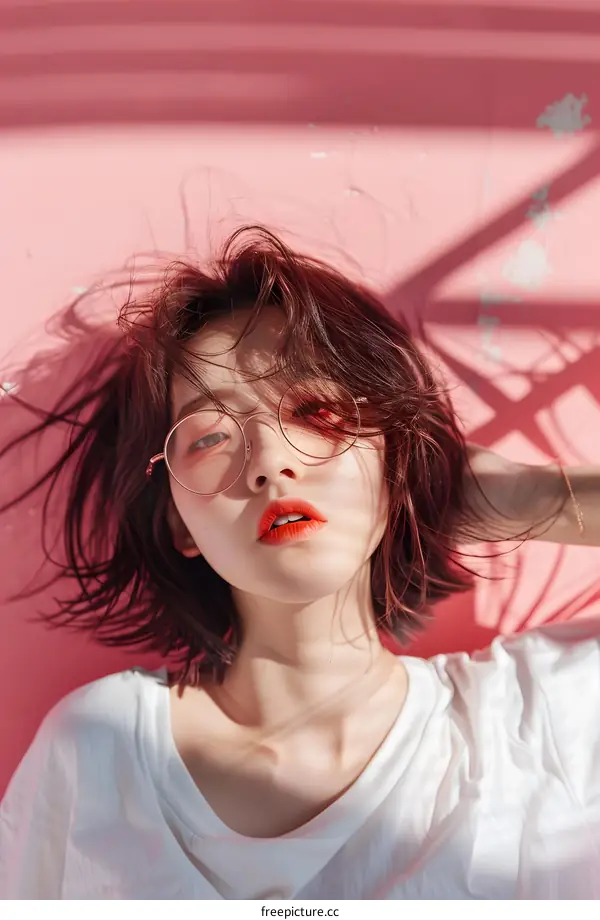 Beautiful Woman with Red Lipstick and Short Hair