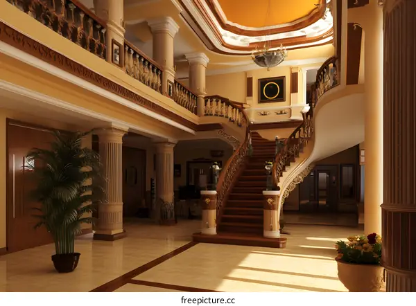 Luxury Home Interior With Grand Staircase And Columns