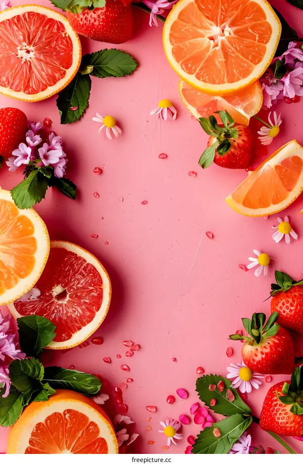 Pink Background with Grapefruits, Strawberries and Flowers