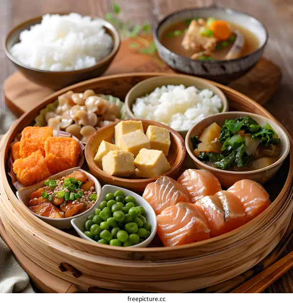 A delicious and healthy Japanese meal with rice, fish, vegetables, and soup
