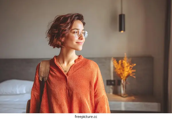 Woman in a stylish orange corduroy jacket