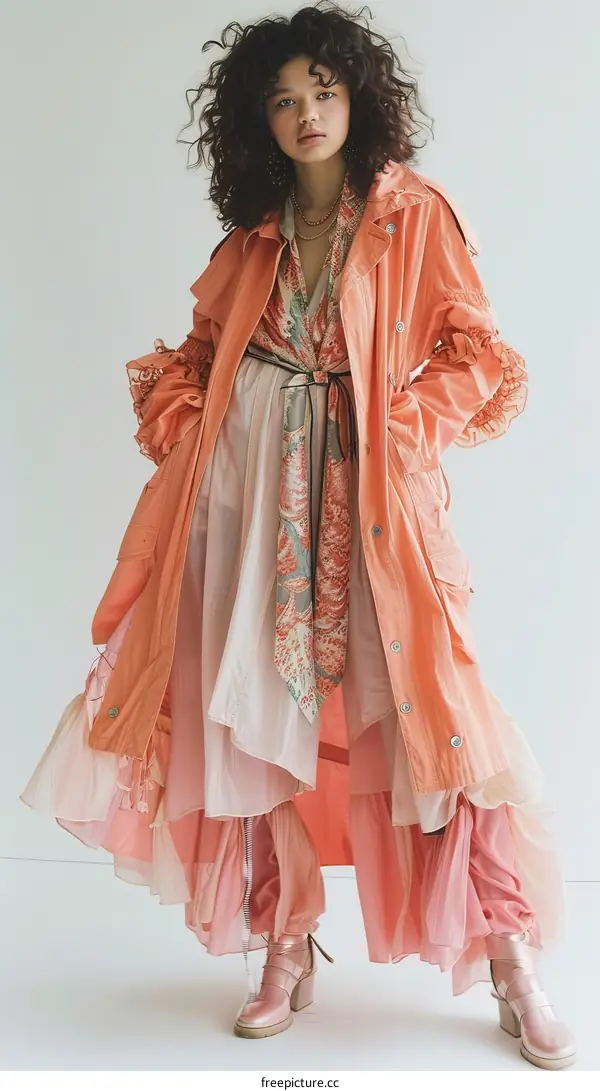 A Model Wearing an Orange Trench Coat with a Floral Dress
