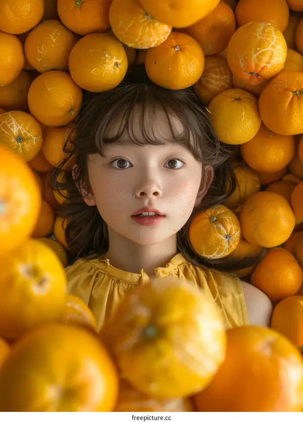 Little girl laying in pile of oranges