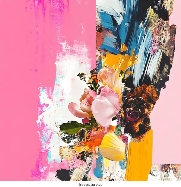 Abstract Painting Flowers  Pink Yellow and Blue