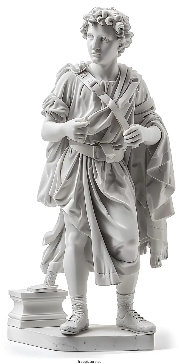 White Marble Statue of a Man in a Roman Toga Wearing Modern Sneakers