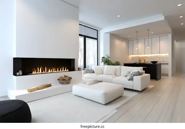 Modern White Living Room with Fireplace
